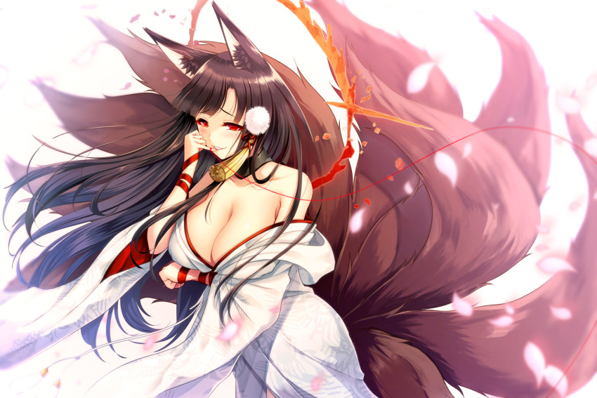 akagi_(azur_lane) animal_ears anthro azur_lane breasts cleavage foxgirl japanese_clothes kimono kurojo_ayane long_hair multiple_tails red_eyes tail wedding_attire white