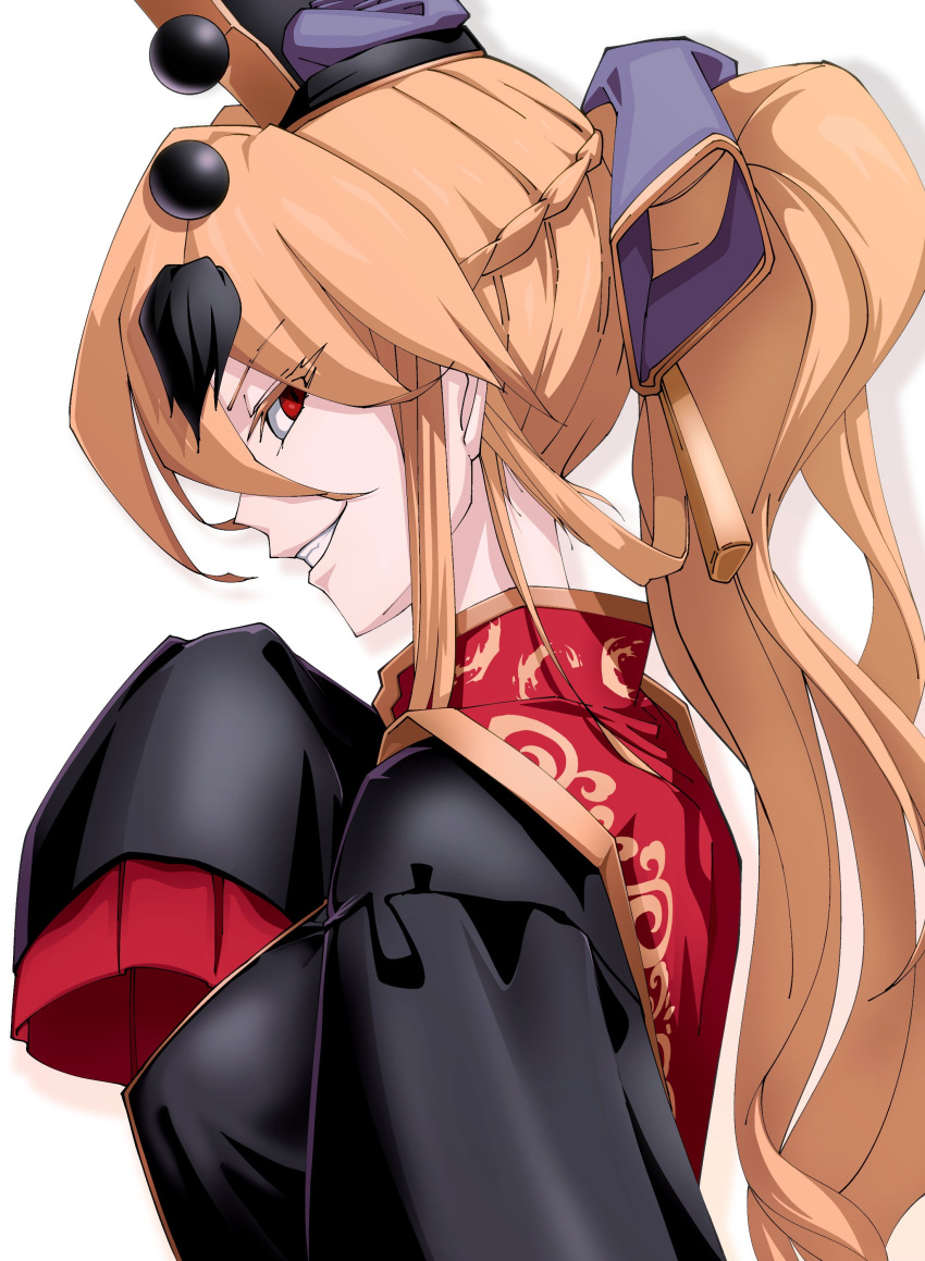 absurdres alternate_hairstyle arm_up black_dress black_headwear blonde_hair blush braid chinese_clothes colored_eyelashes commentary_request dress evil_grin evil_smile female french_braid from_side gold_trim grin hair_between_eyes hair_ribbon highres junko_(touhou) kikoka_(mizuumi) long_hair long_sleeves looking_at_viewer looking_to_the_side phoenix_crown pom_pom_(clothes) ponytail print_tabard red_eyes ribbon sideways_glance simple_background sleeves_past_fingers sleeves_past_wrists smile solo standing tabard tassel teeth touhou upper_body white_background wide_sleeves