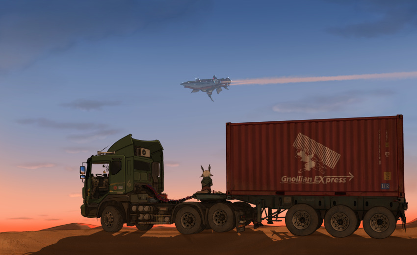 aircraft airship anthro cargo_ship container container_ship daewoo daewoo_novus deer detailed_background dragon fantasy female fur furred_dragon furred_scalie gnoll heavy_truck hi_res hybrid hyena load_carrier lynn_(orang111) maersk mammal merchant_ship motor_vehicle mythological_creature mythological_scalie mythology orang111 rear_view scalie semi-trailer_truck ship solo sunset tail trailer_(vehicle) truck_(vehicle) vehicle watercraft