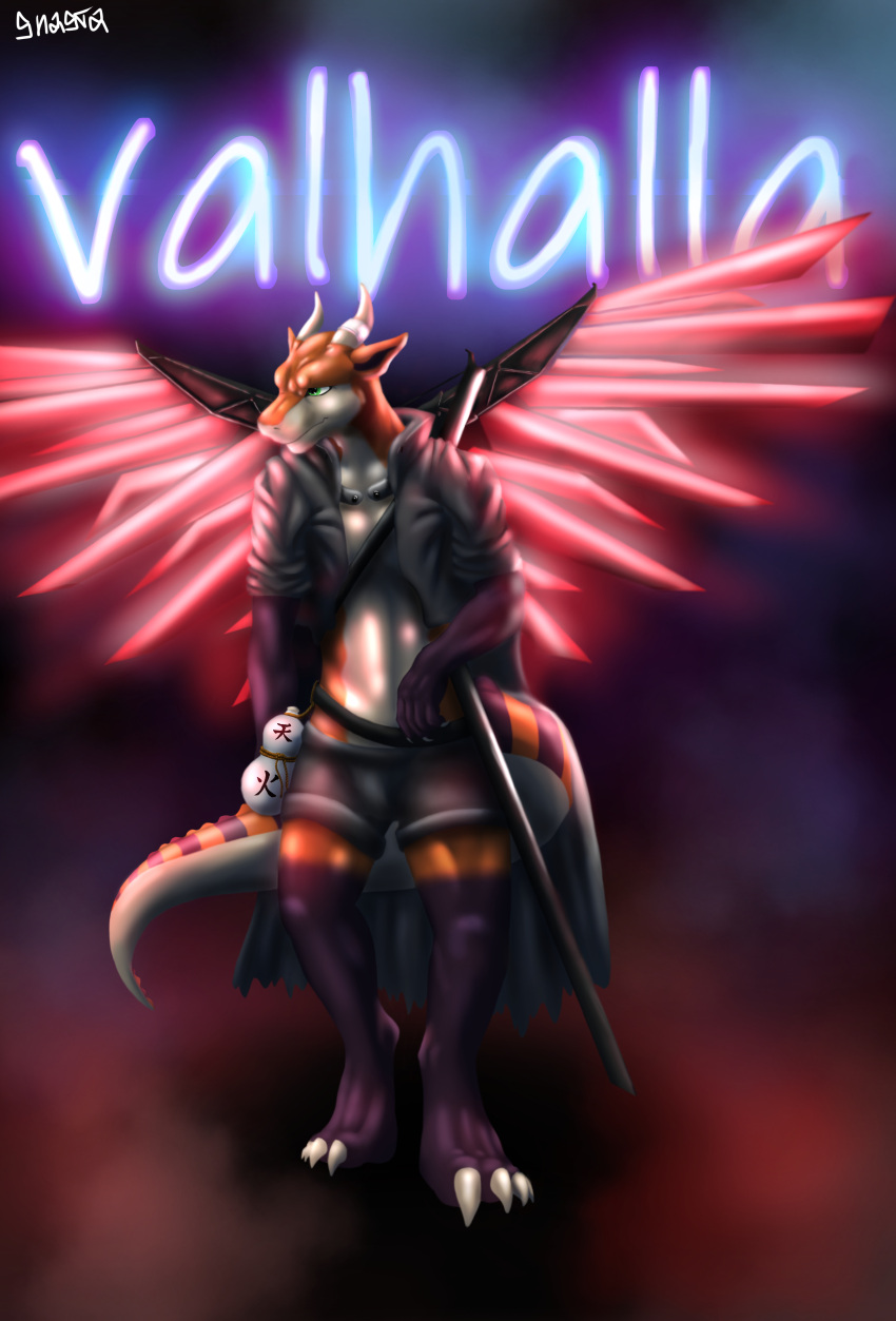 absurd_res anthro clothing dragon drakons energetic hi_res katana light male mechanic melee_weapon mythological_creature mythological_scalie mythology neon scalie serwolf shadow shastadow solo sword tail weapon wings