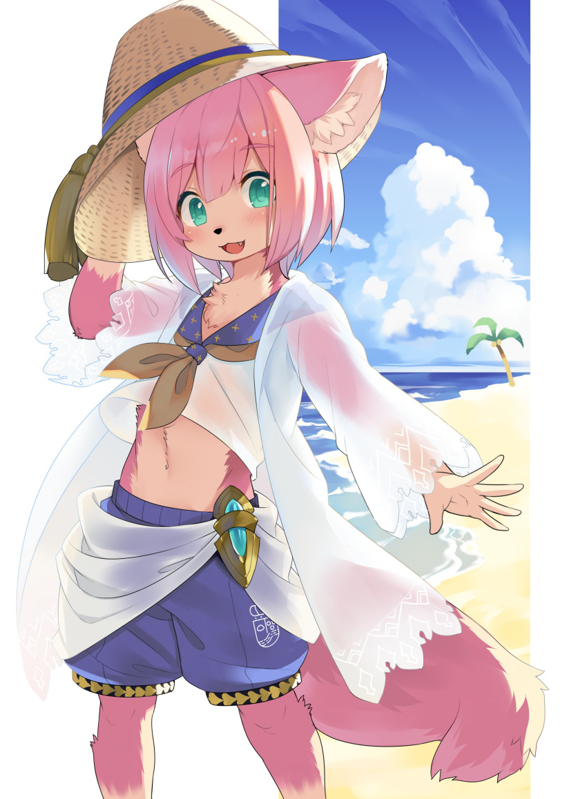 absurd_res anthro beach blue_eyes bottomwear chest_tuft clothed clothing cute_fangs day domestic_cat felid feline felis femboy fur hair hat headgear headwear hi_res kemono kishibe lionel_eleonore_de_chienia lionel_eleonore_de_chienia_(channel) male male_anthro mammal open_mouth outside pink_body pink_fur pink_hair seaside short_hair shorts solo tuft