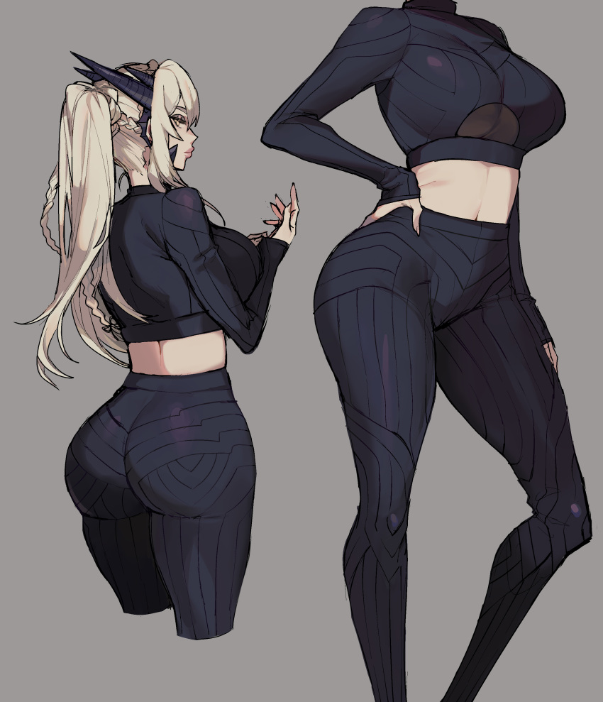 absurdres adapted_costume artoria_pendragon_(fate) artoria_pendragon_(lancer_alter)_(fate) ass blonde_hair breasts casual commentary crop_top curvy ennuigrl fate/grand_order fate_(series) female fingernails grey_background hand_on_own_hip high-waist_pants highres horns huge_ass huge_breasts lips long_hair looking_at_viewer looking_back midriff multiple_views navel pants ponytail simple_background sweater thick_thighs thighs tight_clothes tight_pants underboob yellow_eyes yoga_pants