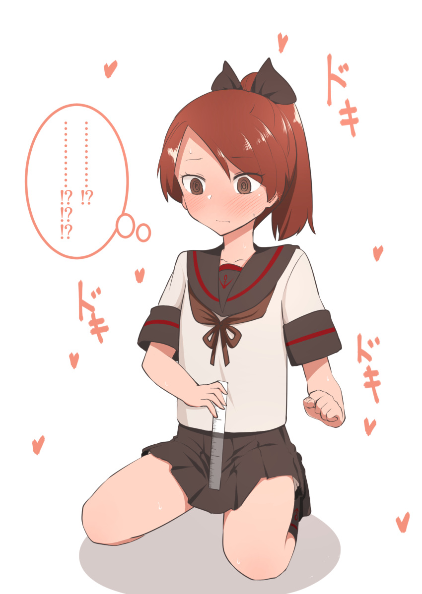 !? ... @_@ anchor_symbol asymmetrical_bangs black_ribbon black_sailor_collar black_skirt blush brown_eyes brown_hair check_commentary closed_mouth collarbone commentary commentary_request female hair_ribbon highres holding_ruler kantai_collection long_hair penis_measuring pleated_skirt ponytail ribbon ruler sailor_collar school_uniform serafuku shikinami_(kancolle) short_sleeves skirt solo thought_bubble tiger_(tiger-kimu) translation_request white_background