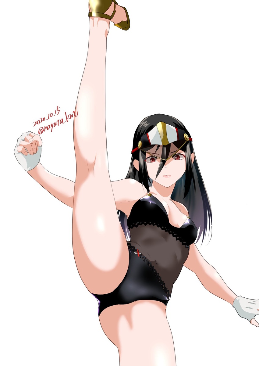 ass_visible_through_thighs axe_kick bare_arms bare_legs bare_shoulders black_hair black_one-piece_swimsuit breasts brown_eyes closed_mouth commentary_request covered_navel cowboy_shot female fingerless_gloves gloves hair_between_eyes hair_down high_heels highres kneepits long_hair looking_at_viewer medium_breasts morag_ladair_(obligatory_leave)_(xenoblade) morag_ladair_(xenoblade) nayuta-kanata official_alternate_costume one-piece_swimsuit see-through_one-piece_swimsuit solo split standing standing_on_one_leg standing_split swimsuit thighs visor_cap white_gloves xenoblade_chronicles_(series) xenoblade_chronicles_2