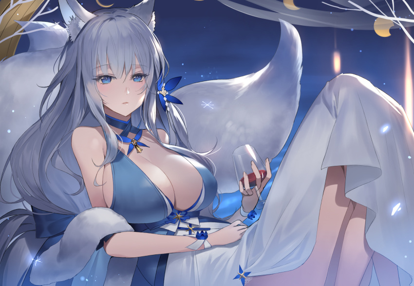 animal_ear_fluff animal_ears azur_lane bare_shoulders blue_butterfly blue_dress blue_eyes blush breasts bug butterfly cleavage cup cupping_glass dress drinking_glass feather_boa female fox_ears fox_girl grey_hair hair_ornament highres kitsune large_breasts long_hair looking_at_viewer mamima multiple_tails official_alternate_costume shinano_(azur_lane) shinano_(dreams_of_the_hazy_moon)_(azur_lane) solo tail very_long_hair wine_glass