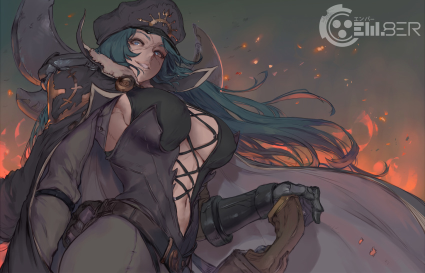 blue_eyes blue_hair breasts commentary cutesexyrobutts em8er female gloves grin hat highres jacket jacket_on_shoulders large_breasts long_hair looking_at_viewer looking_down lucretia_(em8er) navel scar smile solo thighs very_long_hair