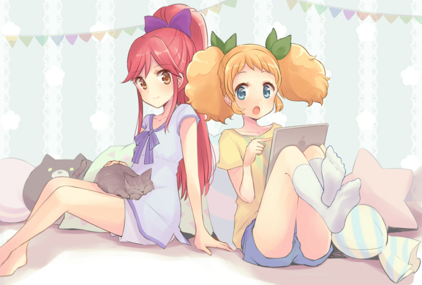 2girls aikatsu! animal blue_eyes bow brown_eyes computer feline kneehighs long_hair orange_hair otoshiro_seira pajamas ponytail quro red_hair saegusa_kii shorts socks twintails waifu2x