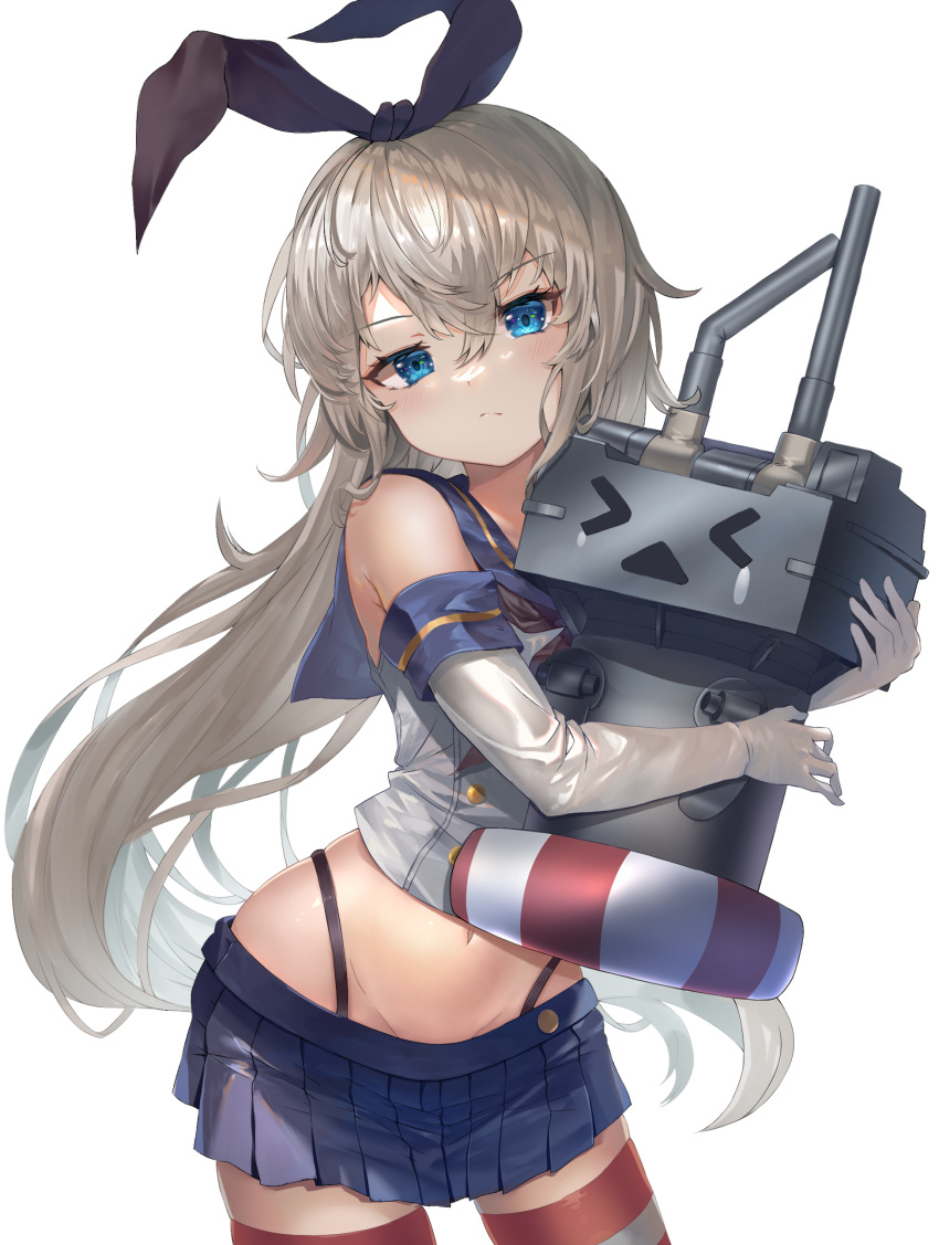 absurdres black_panties blonde_hair blue_eyes blue_sailor_collar blue_skirt blush closed_mouth cowboy_shot crop_top elbow_gloves female gloves groin hair_between_eyes highleg highleg_panties highres kantai_collection long_hair midriff miniskirt navel o-sirius panties pleated_skirt rensouhou-chan sailor_collar school_uniform serafuku shimakaze_(kancolle) simple_background skirt sleeveless striped_clothes striped_thighhighs thighhighs underwear white_background white_gloves