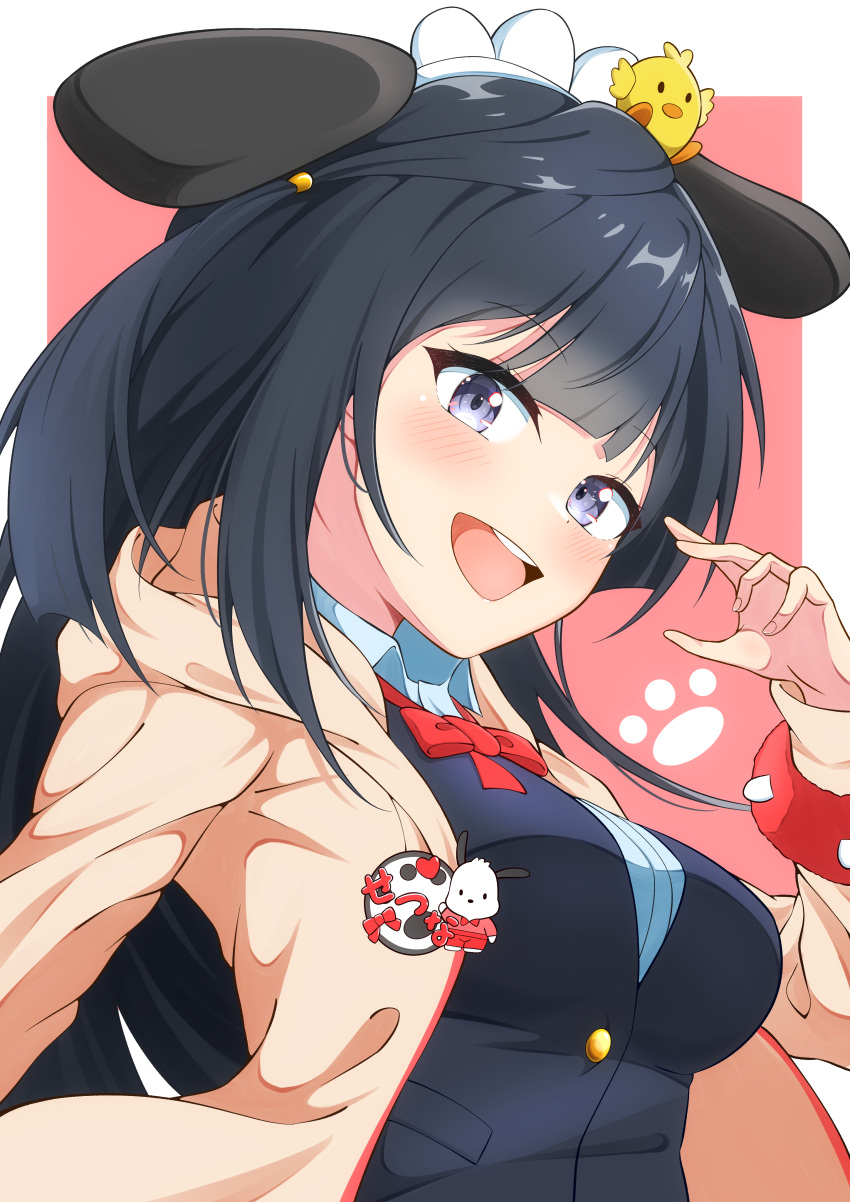 absurdres animal_ears bird black_hair blush breasts chick commentary crossover female grey_eyes highres jacket long_hair looking_at_viewer love_live! love_live!_nijigasaki_high_school_idol_club medium_breasts nijigasaki_school_uniform one_side_up pochacco sanrio school_uniform sidelocks smile solo thio_lovelive upper_body yuki_setsuna_(love_live!)