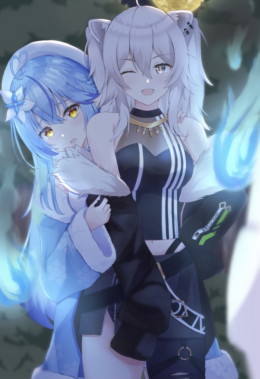 2girls ;d ahoge animal_ears arm_hug bare_shoulders behind_another black_jacket black_pantyhose black_shirt blue_hair blush breasts cleavage commentary_request cowboy_shot crop_top ear_piercing facing_viewer fur-trimmed_jacket fur_trim ghost grey_eyes grey_hair grey_skirt hair_between_eyes hiding hiding_behind_another highres hitodama hololive jacket jewelry large_breasts lion_ears lion_girl lion_tail long_hair looking_at_another messy_hair miniskirt multiple_girls necklace oerba_yun_fang off_shoulder one_eye_closed open_mouth pantyhose partially_unzipped piercing scared see-through see-through_cleavage shirt shishiro_botan shishiro_botan_(1st_costume) sidelocks single_leg_pantyhose skin_tight skirt sleeveless sleeveless_shirt smile tail torn_clothes torn_pantyhose two_side_up virtual_youtuber will-o'-the-wisp_(mythology) yukihana_lamy yukihana_lamy_(1st_costume) yuzuki4no zipper_skirt