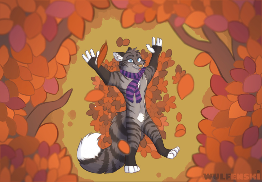 anthro autumn canid canine domestic_cat fatwulf felid feline felis fox hi_res hybrid leaf male mammal nature outside scarf scenery solo tabby_cat tongue tongue_out zax_(zwalexan)