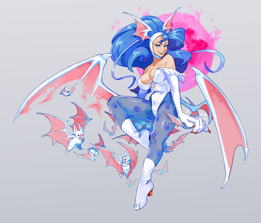 ? adapted_costume animal_hands aqua_eyes bare_shoulders bat_(animal) bat_wings big_hair blue_hair blue_pantyhose boots breasts cat_cutout cleavage clothing_cutout cosplay demon_girl felicia_(vampire) felicia_(vampire)_(cosplay) female full_body grey_background head_wings high_heels large_breasts leg_up leotard long_hair looking_at_viewer low_wings moon morrigan_aensland open_mouth pantyhose paw_print pink_moon print_pantyhose simple_background smile solo vampire_(game) white_footwear wings zambiie