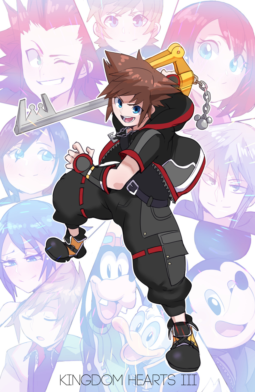 0lightsource 3girls 6+boys absurdres aqua_(kingdom_hearts) belt black_hair blonde_hair blue_eyes brown_hair closed_eyes copyright_name disney donald_duck fingerless_gloves gloves goofy hat highres hood hoodie jacket jewelry kairi_(kingdom_hearts) keyblade kingdom_hearts kingdom_hearts_iii kingdom_key lea_(kingdom_hearts) looking_at_viewer mickey_mouse multiple_boys multiple_girls necklace open_clothes open_jacket open_mouth red_hair riku_(kingdom_hearts) roxas smile sora_(kingdom_hearts) spiked_hair ventus_(kingdom_hearts) weapon xion_(kingdom_hearts)