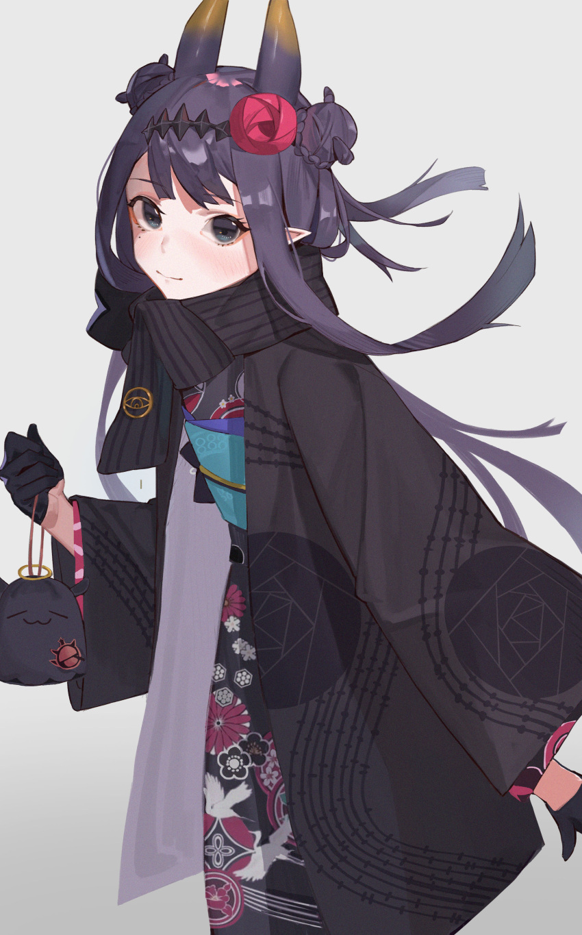 absurdres black_eyes black_gloves black_hair black_kimono black_scarf blunt_bangs braid braided_bun commentary double_bun english_commentary female floral_print flower gloves hair_bun hair_flower hair_ornament half_gloves haori headpiece highres hololive hololive_english horns japanese_clothes jia_ma kimono long_hair long_sleeves looking_at_viewer mole mole_under_eye ninomae_ina'nis ninomae_ina'nis_(new_year) official_alternate_costume official_alternate_hairstyle pointy_ears pouch print_kimono red_flower scarf shippou_(pattern) sidelocks simple_background smile solo striped_clothes striped_scarf takodachi_(ninomae_ina'nis) virtual_youtuber white_background