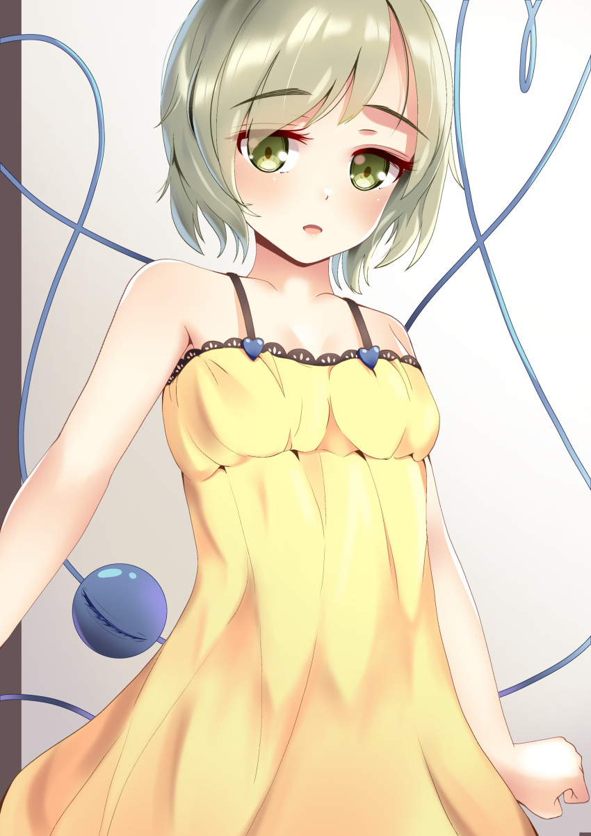 absurdres armpit_peek bare_shoulders blush breasts cleavage commentary_request dress female green_eyes green_hair heart highres komeiji_koishi lips looking_at_viewer mantou_xiang open_mouth shiny_skin small_breasts solo third_eye touhou yellow_dress