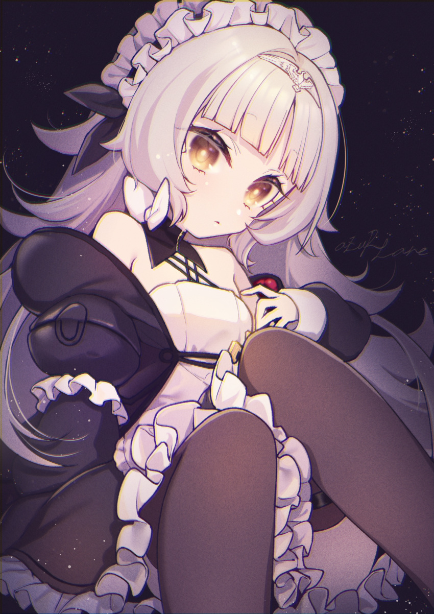 absurdres azur_lane bare_shoulders black_dress brown_thighhighs dress female frilled_dress frills hair_ornament hairpin highres long_hair looking_at_viewer maid maid_headdress night night_sky noko official_alternate_costume puffy_sleeves sky solo thigh_strap thighhighs two-tone_dress very_long_hair white_dress white_hair yellow_eyes z46_(azur_lane) z46_(chronicles_of_the_dust_wars)_(azur_lane)