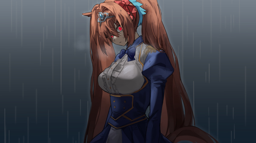 animal_ears bad_id bad_pixiv_id breasts brown_hair commentary daiwa_scarlet_(umamusume) epaulettes female glowing glowing_eyes hair_between_eyes hair_intakes highres horse_ears horse_girl horse_tail large_breasts long_hair looking_at_viewer rain red_eyes serious solo symbol-only_commentary tail tiara twintails umamusume unneul very_long_hair wet wet_clothes