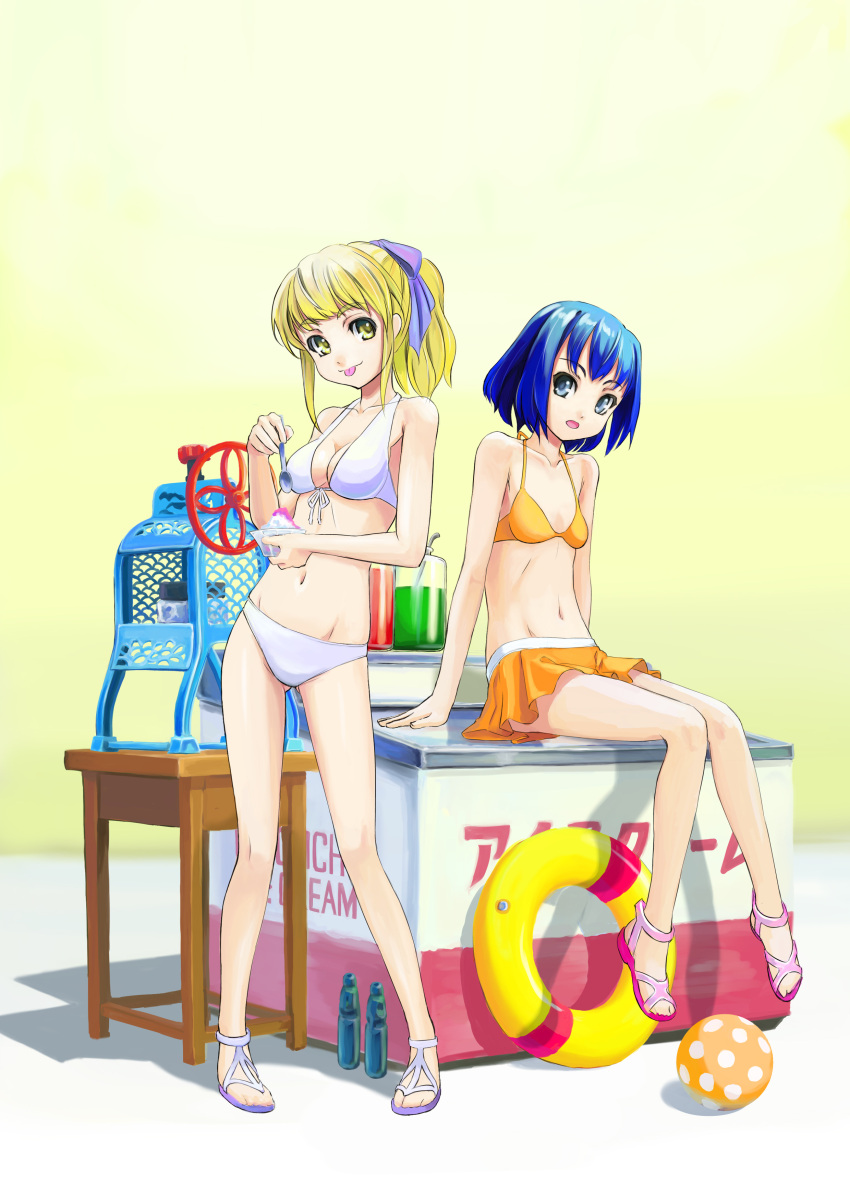 2girls absurdres ball beachball bikini blonde_hair blue_eyes blue_hair bottle commentary_request cooler food highres ice_shaver innertube long_hair multiple_girls nekocchi original photoshop_(medium) ponytail ramune sandals shaved_ice short_hair skirt swim_ring swimsuit tongue yellow_eyes