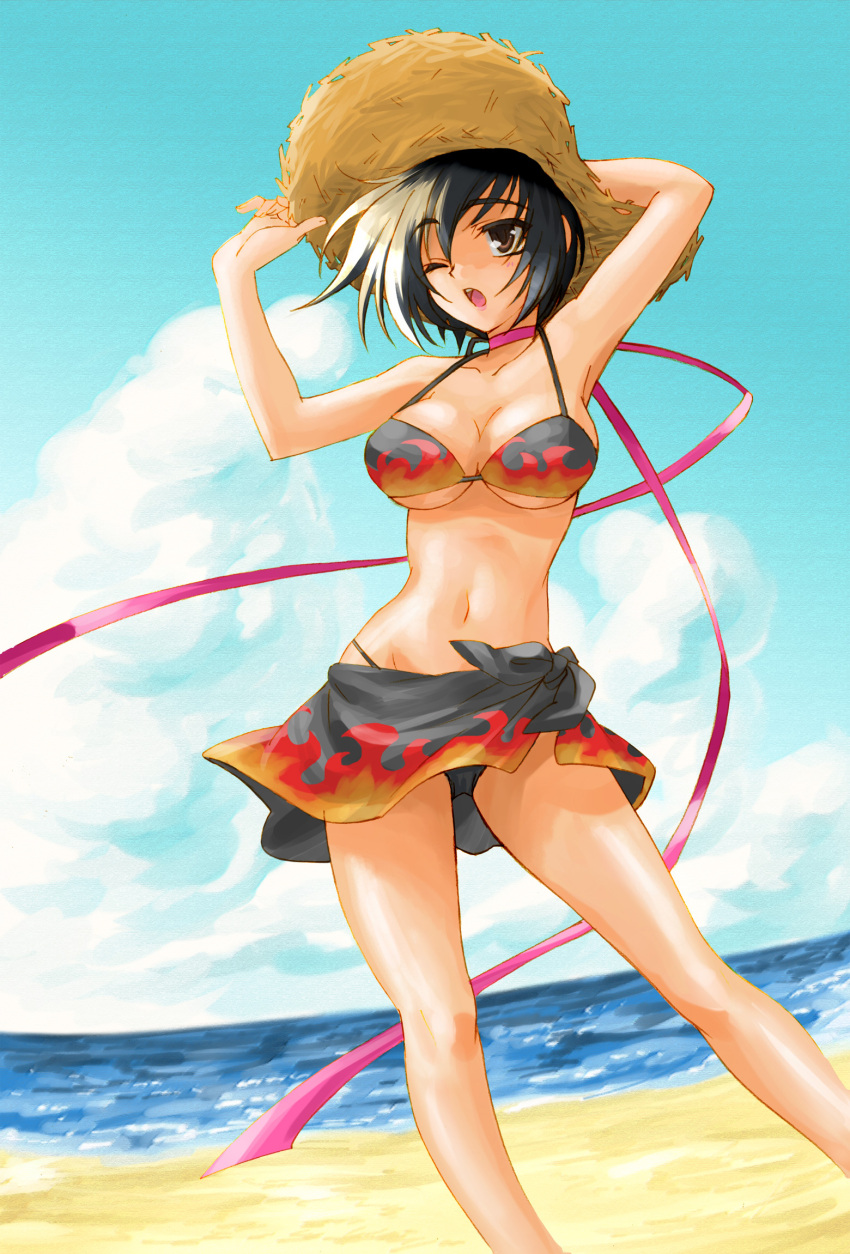 bad_id bad_pixiv_id beach bikini black_bikini black_hair black_sarong breasts brown_eyes choker cloud day female fire gien hand_on_headwear hat highres koihime_musou large_breasts legs mali ocean one_eye_closed open_mouth outdoors print_sarong ribbon ribbon_choker sand sarong shin_koihime_musou short_hair sky solo straw_hat sun_hat swimsuit thighs