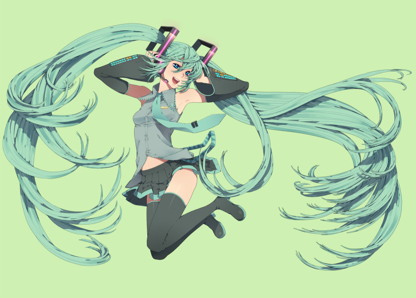 aqua_hair armpits bad_link bare_shoulders black_thighhighs blue_eyes detached_sleeves female hatsune_miku highres jumping legs long_hair midair nayu necktie open_mouth simple_background skirt smile solo thighhighs very_long_hair vocaloid