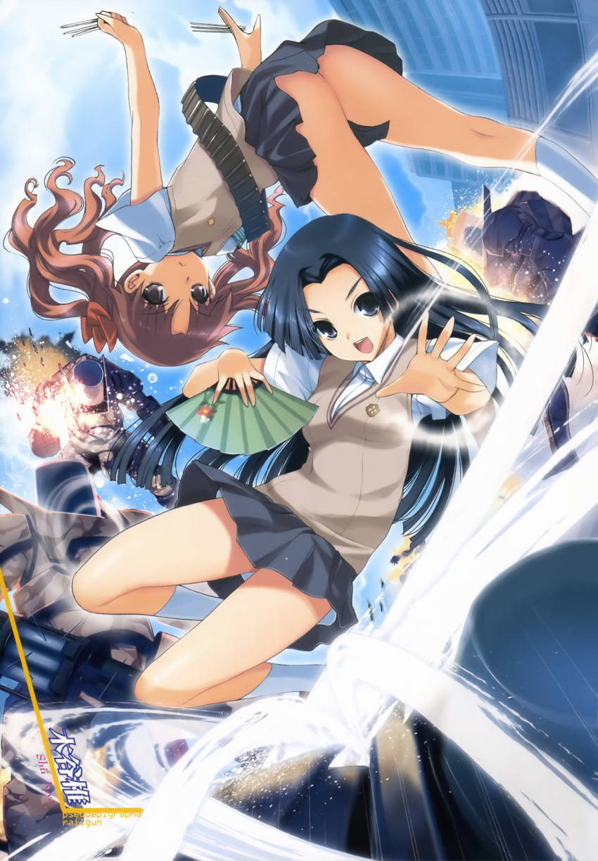 2girls 4others :< absurdres action aerokinesis air_current armband armor ass battle between_fingers black_eyes black_hair bow brown_eyes brown_hair element_bending explosion fire fisheye folding_fan glowing green_armband gun hairbow hand_fan hands highres holding holding_gun holding_needle holding_weapon jumping kiya_shii kneehighs kongou_mitsuko legs long_hair midair military miniskirt multiple_girls multiple_others nail needle open_mouth outdoors photoshop_(medium) power_armor powered_suit_(toaru) psychic revolver robot scan school_uniform science_fiction serafuku shirai_kuroko shotgun skirt smile socks summer_uniform sweater_vest teleport thighs throwing_needles toaru_kagaku_no_railgun toaru_majutsu_no_index tokiwadai_school_uniform twintails upside-down upskirt visible_air weapon wind