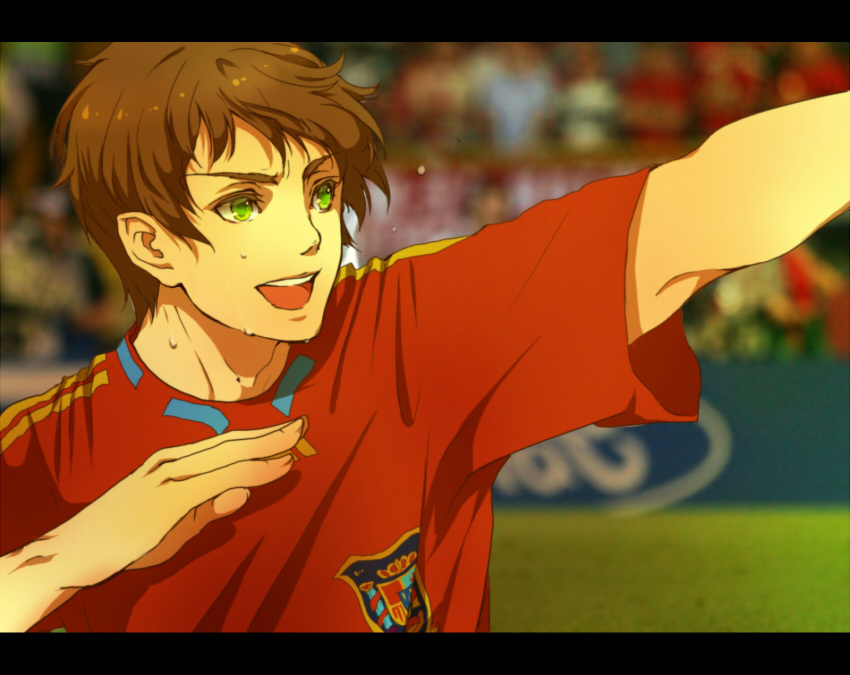 1boy 2010_fifa_world_cup archer_pose axis_powers_hetalia bad_id bad_pixiv_id brown_hair green_eyes hands highres letterboxed male_focus senano-yu smile soccer solo spain_(hetalia) sportswear sweat tan world_cup