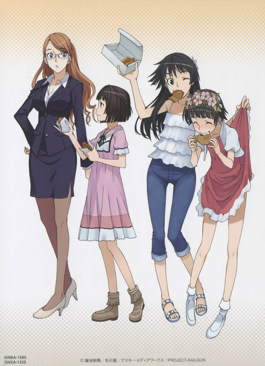 4girls bare_shoulders black_hair black_pantyhose blue_eyes blush bob_cut boots brown_hair business_suit casual closed_eyes clothes_lift denim dress eating flower food food_on_face formal fuyukawa_motoi glasses green_eyes hair_flower hair_ornament haruue_erii head_wreath high_heels highres jacket jeans legs long_hair long_legs mouth_hold multiple_girls one_eye_closed open_mouth pants pantyhose pencil_skirt photoshop_(medium) sandals saten_ruiko scan shoes short_hair skirt skirt_lift skirt_suit smile suit sundress taiyaki telestina_kihara_lifeline thigh_gap toaru_kagaku_no_railgun toaru_majutsu_no_index uiharu_kazari wagashi