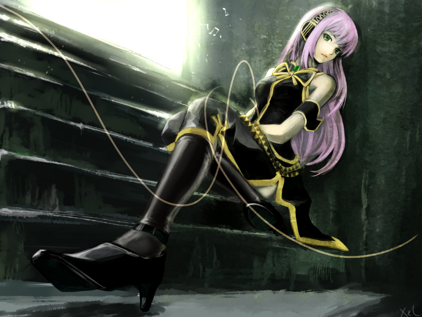 commentary_request doublex female green_eyes high_heels highres long_hair megurine_luka pink_hair shoes sitting sitting_on_stairs skirt solo stairs vocaloid