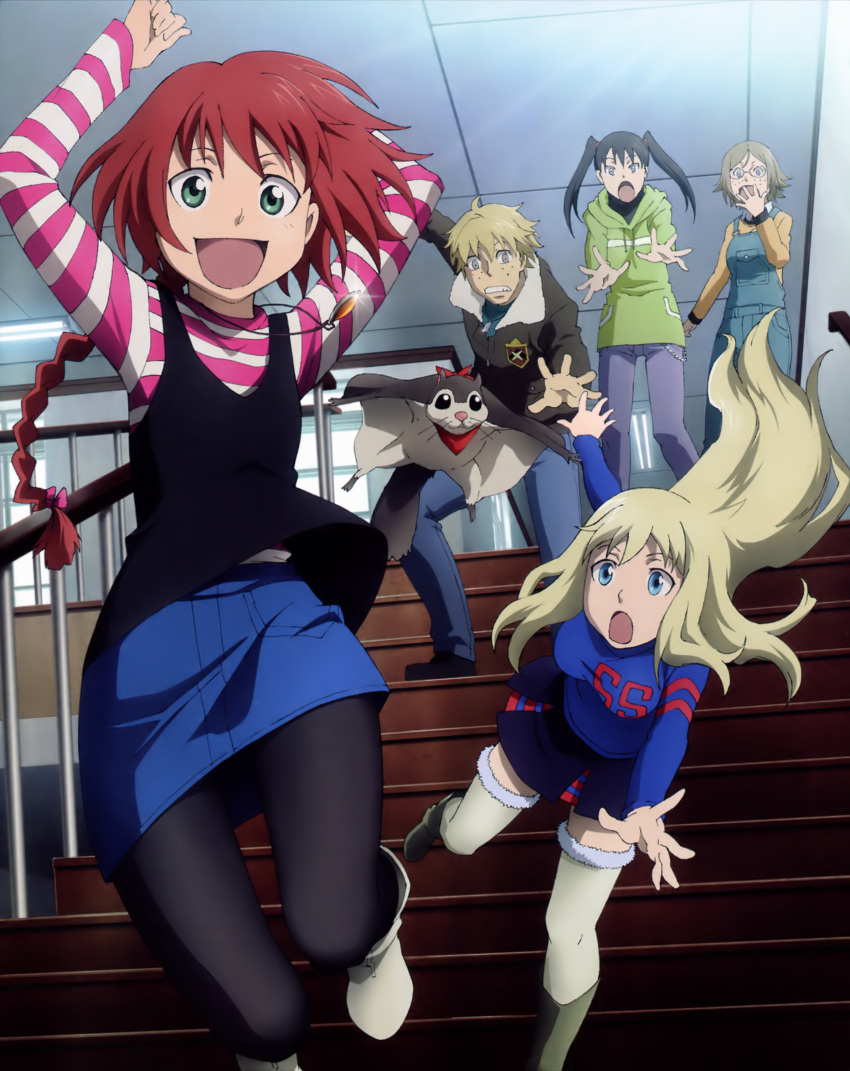 1boy 4girls :d absurdres black_hair blonde_hair blue_eyes boots braid casual darker_than_black elena_(darker_than_black) freckles glasses green_eyes highres imageboard_desourced jacket jewelry jumping kodaira_yoshiyuki long_hair multiple_girls nika_lobanov non-web_source official_art open_mouth overalls pantyhose pendant petya_(darker_than_black) red_hair sascha_(darker_than_black) scan school short_hair single_braid skirt smile squirrel stairs striped suou_pavlichenko tanya_(darker_than_black) thighhighs twintails very_long_hair