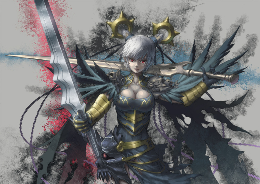 bad_id bad_pixiv_id berserker_(lord_of_vermilion) cuboon female horns long_hair lord_of_vermilion photoshop_(medium) silver_hair solo sword weapon