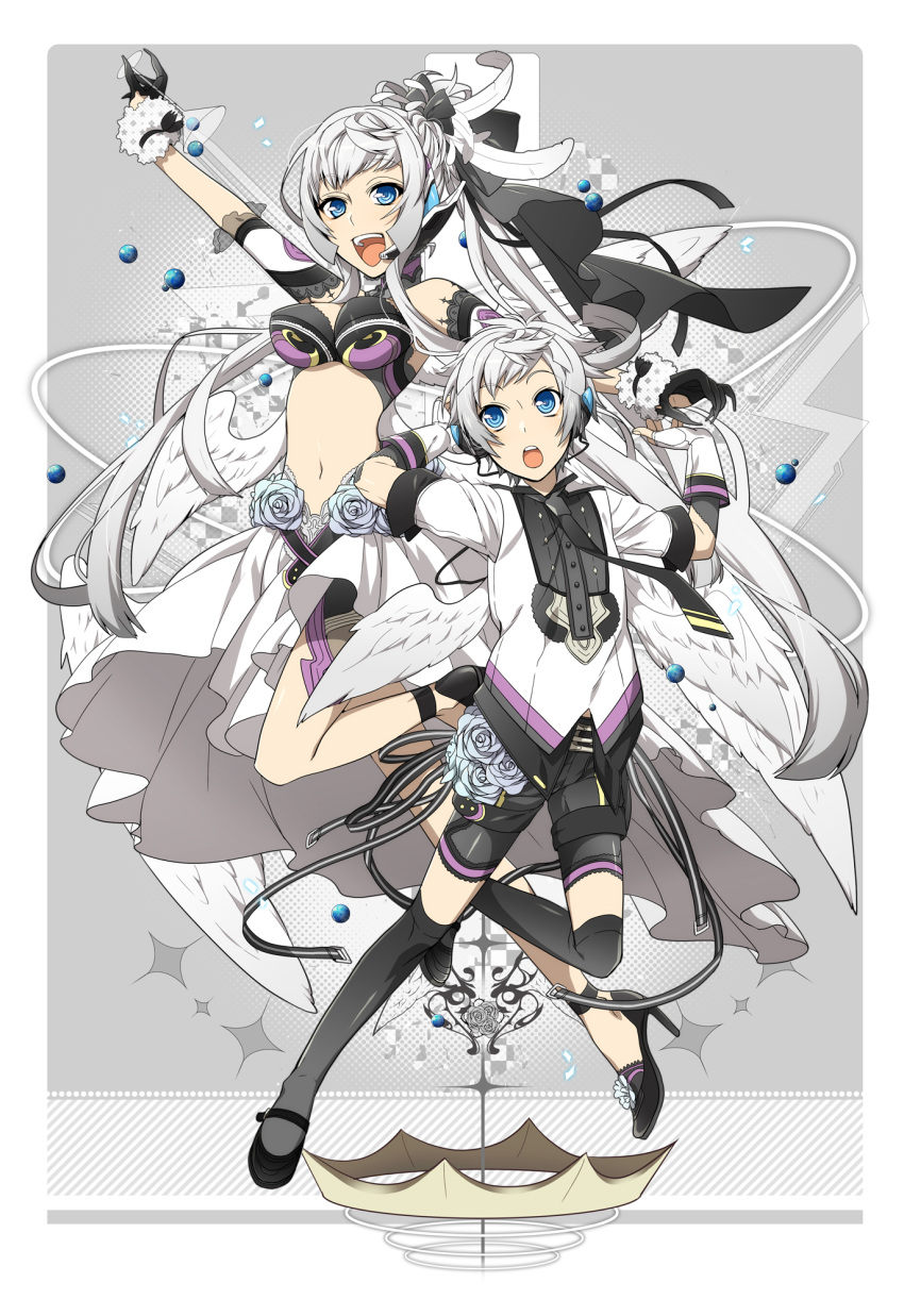 :o bad_id bad_pixiv_id bare_shoulders blue_hair bra detached_sleeves female flower gloves grey_background grey_legwear headset high_heels highres lingerie long_hair mary_janes midriff navel open_mouth original sena_(mineruba) shoes short_hair smile solo underwear very_long_hair white_hair wings