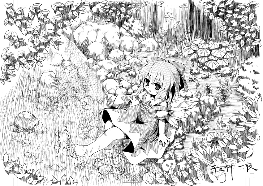 bow cirno commentary_request etogami_kazuya female greyscale hairbow highres ice monochrome nature river short_hair sitting solo splashing touhou traditional_media water wings