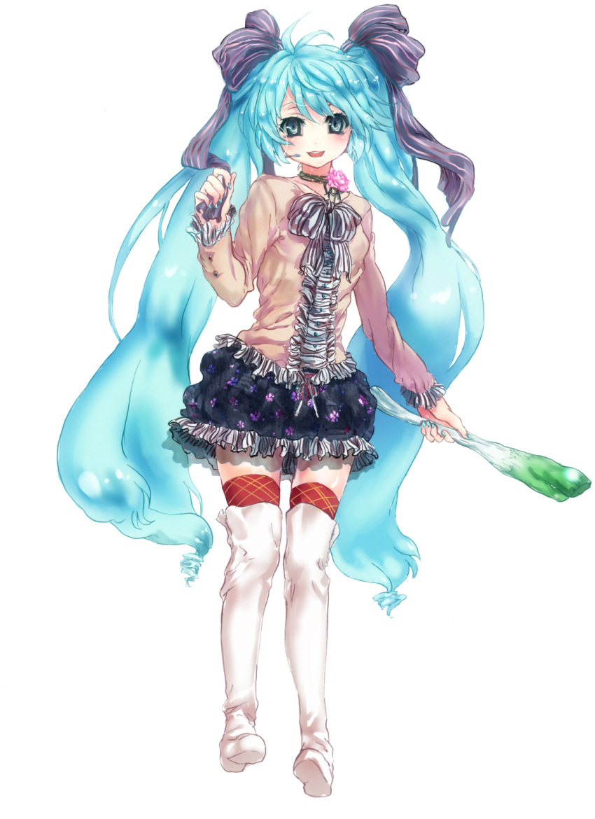 aqua_eyes aqua_hair bad_id bad_pixiv_id blush female fingernails flower hair_ribbon hatsune_miku highres lace long_hair ribbon saiun_hanatsubasa smile solo spring_onion thighhighs twintails very_long_hair vocaloid zettai_ryouiki