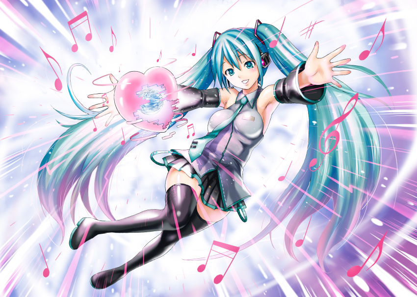 absurdres aqua_eyes aqua_hair bad_id bad_pixiv_id detached_sleeves digital_dissolve e-musu_aki female hatsune_miku headset heart highres long_hair musical_note necktie photoshop_(medium) skirt smile solo thighhighs twintails very_long_hair vocaloid