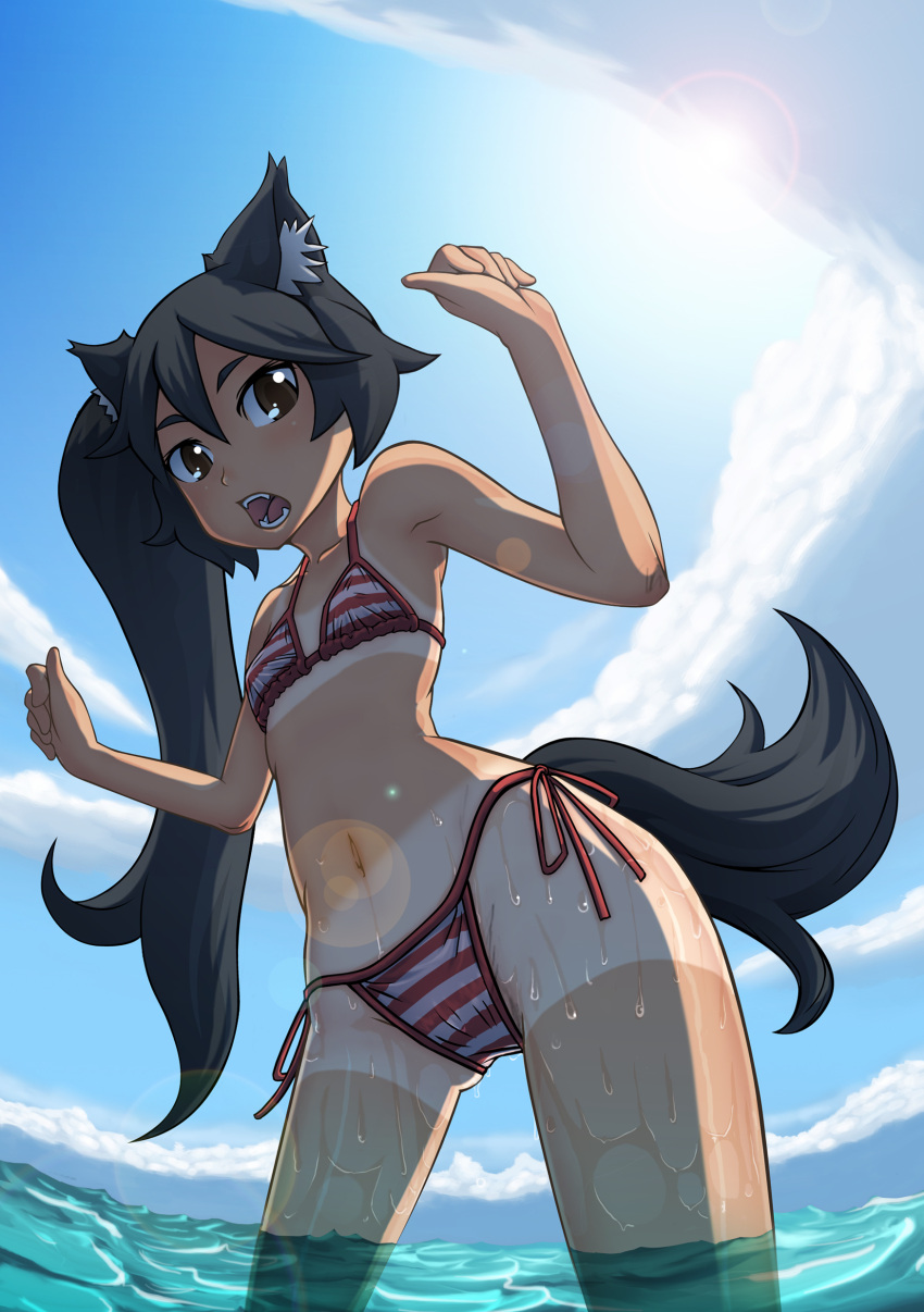 absurdres animal_ears armpits arms_up bikini bikini_tan black_hair breasts brown_eyes cloud commentary_request day fangs female fisheye from_below highres jigoku_inu lens_flare long_hair navel original outdoors perspective photoshop_(medium) shorts_tan side_ponytail sky small_breasts solo striped_bikini striped_clothes swimsuit tail tan tanlines wading water wet