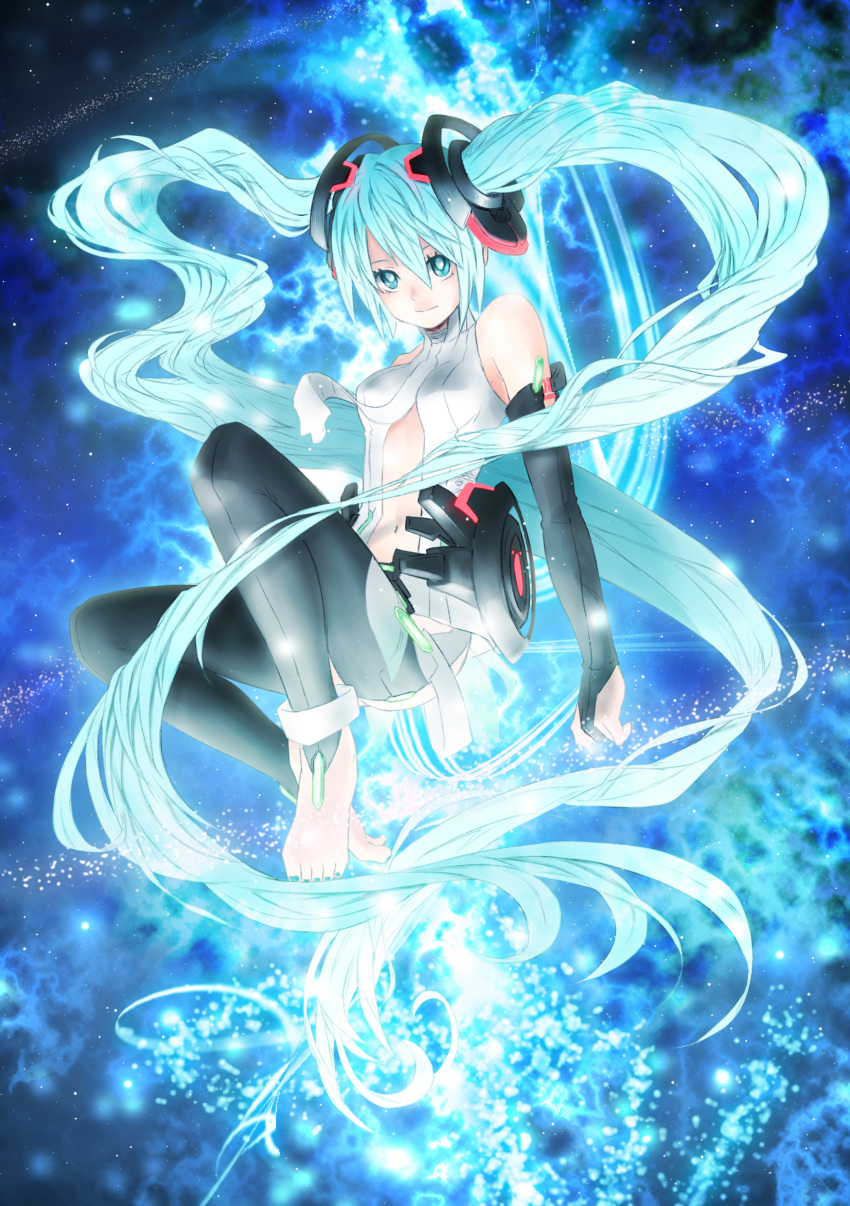 absurdres aqua_eyes aqua_hair bad_id bad_pixiv_id belt bridal_gauntlets elbow_gloves female fingerless_gloves fukuhara_tetsuya gloves hatsune_miku hatsune_miku_(append) highres long_hair navel necktie photoshop_(medium) solo thighhighs twintails very_long_hair vocaloid vocaloid_append zettai_ryouiki