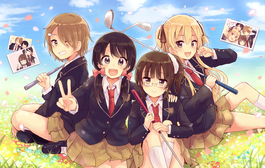 4girls :3 :d ^_^ absurdres bad_id bad_pixiv_id between_legs black_eyes black_footwear black_hair black_ribbon blonde_hair blush bow brown_hair brown_skirt closed_eyes closed_mouth collared_shirt commentary_request day eyes_visible_through_hair glasses golf_club grass hair_between_eyes hair_ornament hair_over_one_eye hair_ribbon hairbow hairclip hand_between_legs hand_on_another's_shoulder highres higuchi_kaede_(swing!!) holding holding_golf_club indian_style kneehighs long_hair long_sleeves looking_at_viewer low_twintails mary_janes miyasato_haruka multiple_girls necktie oerba_yun_fang okamoto_natsuhi on_grass on_ground open_mouth outdoors petals photo_(object) pink_bow pleated_skirt pointing pointing_at_self red_necktie ribbon rimless_eyewear sakura_oriko salute school_uniform seiza shirt shoes short_hair side_ponytail sitting skirt smile socks swing!! teeth twintails two_side_up upper_teeth_only v white_legwear white_shirt wing_collar yokomine_ibuki