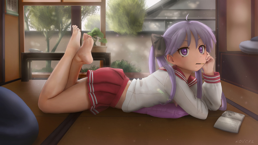 absurdres ahoge artist_name bare_legs barefoot bow commentary english_commentary feet female food full_body hairbow hand_on_own_face highres hiiragi_kagami house indoors long_hair looking_up lucky_star lying midriff_peek mouth_hold novcel novel_(object) on_floor on_stomach photoshop_(medium) plant pocky purple_eyes purple_hair revision ryouou_school_uniform school_uniform serafuku skirt solo tatami the_pose toes tree twintails