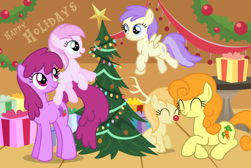 3:2 berry_punch_(mlp) carrot_top_(mlp) christmas christmas_star christmas_tree christmas_tree_topper cutie_mark earth_pony equid equine faikie fan_character feathered_wings feathers female feral friendship_is_magic group hasbro holidays horse inside mammal my_little_pony mythological_creature mythological_equine mythology pegasus plant pony smile tree wings young young_feral