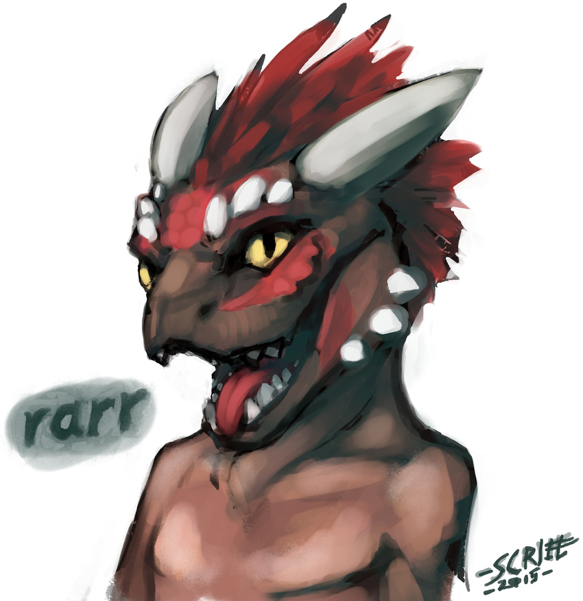 2015 anthro argonian bethesda_game_studios brown_body brown_skin bust_portrait feathers hi_res horn lizard male microsoft nude open_mouth open_smile portrait pupils red_body red_feathers reptile sairaks scalie scritt simple_background skyrim slit_pupils smile solo teeth text the_elder_scrolls tongue white_background yellow_eyes