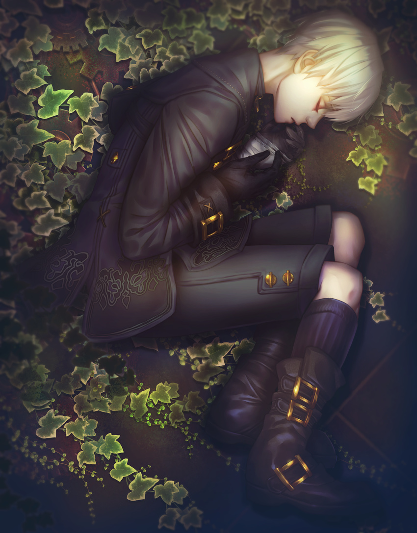 1boy 9s_(nier:automata) choker closed_eyes closed_mouth commentary_request full_body gloves hekoheko highres long_sleeves male_focus nier:automata nier_(series) solo white_hair