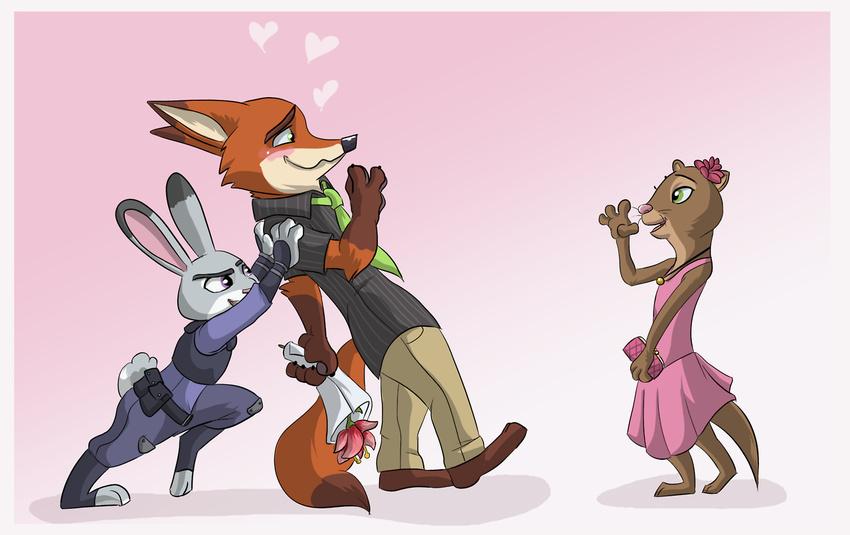 2017 4_fingers anthro barefoot baron_puddin_paws blush border bottomwear canid canine clothed clothing dipstick_ears dipstick_tail disney dress ear_markings feet female fingers flower fox fur gesture gloves_(marking) gradient_background green_eyes group heart_symbol holding_object jewelry judy_hopps kris_(zootopia) lagomorph leporid male mammal markings multicolored_body multicolored_ears multicolored_fur multicolored_tail mustelid necklace necktie nervous nick_wilde orange_body orange_fur otter pants pink_background plant police police_uniform purple_eyes purse rabbit shirt simple_background size_difference smile tail tail_markings topwear two_tone_body two_tone_fur uniform waving white_border zootopia