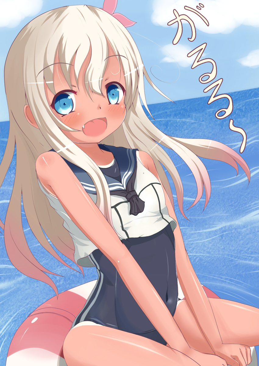 bad_id bad_pixiv_id blonde_hair crop_top female flower hair_flower hair_ornament highres kantai_collection lifebuoy long_hair oerba_yun_fang one-piece_swimsuit onsen_tamago_(onnsenn) ro-500_(kancolle) sailor_collar school_swimsuit swim_ring swimsuit swimsuit_under_clothes tan tanlines