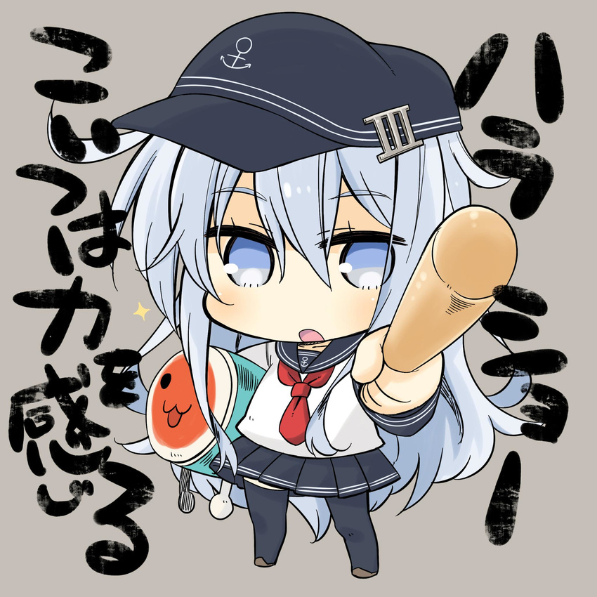 :3 black_skirt black_thighhighs blue_eyes blue_hair chibi commentary_request female flat_cap hat hibiki_(kancolle) highres kantai_collection long_hair no_shoes open_mouth pleated_skirt plover school_uniform serafuku simple_background skirt solo taiko_no_tatsujin thick_eyebrows thighhighs wada_don