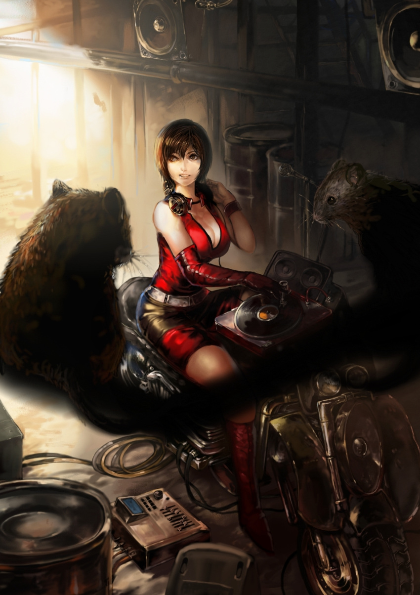 animal breasts brown_hair cleavage dj eel_(artist) female gloves headphones highres large_breasts meiko_(vocaloid) motor_vehicle motorcycle mouse_(animal) perspective phonograph realistic red_theme shorts solo turntable vocaloid