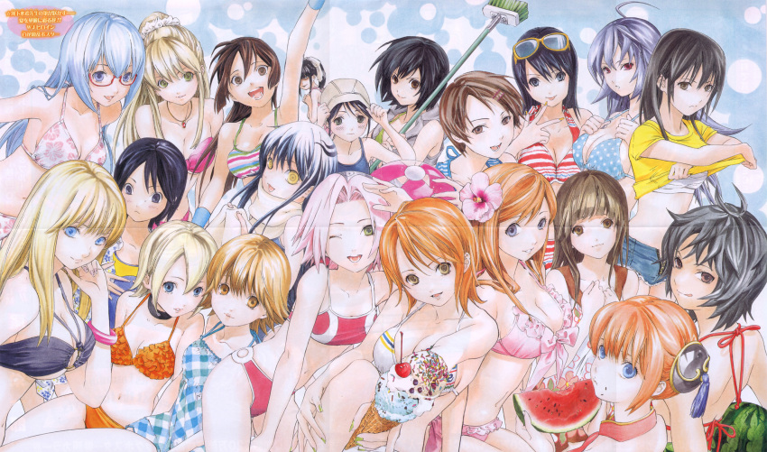 6+girls :p ahoge aida_riko akimoto_katherine_reiko amamiya_sakurako annotated aoi_hana_(oumagadoki_doubutsuen) asaki_chika azuki_miho bakuman ball bangle beachball beauty_tamura beelzebub_(manga) bikini black_hair bleach blonde_hair blue_eyes blue_hair bracelet breasts brown_eyes brown_hair cherry cleavage collar company_connection crease crossover eating everyone flat_chest flower food frills fruit gintama glasses green_eyes green_nails grey_eyes hair_ornament hairpin hasuno_nene hat highres hokenshitsu_no_shinigami ice_cream inoue_orihime inumarudashi jewelry kaburagi_maya kagura_(gintama) katekyo_hitman_reborn! kawashita_mizuki kochikame kunieda_aoi kurokami_medaka kuroko_no_basuke large_breasts medaka_box medium_breasts metallica_metalluca mop multiple_crossover multiple_girls nail_art nail_polish nami_(one_piece) naruto naruto_(series) necklace nurarihyon_no_mago official_art one_piece onizuka_hime oumagadoki_doubutsuen photoshop_(medium) pink_hair pink_nails polka_dot psyren pyuu_to_fuku!_jaguar red_eyes ribbon rin_(toriko) sakura_haruno sasagawa_kyouko scan scan_artifacts shino_(metallica_metalluca) shorts shounen_jump shounen_shikku sket_dance striped sunglasses swimsuit swot tassel tongue tongue_out toriko_(series) undressing watermelon yamada_tamako yellow_eyes yellow_nails yuki_onna_(nurarihyon_no_mago) zipper