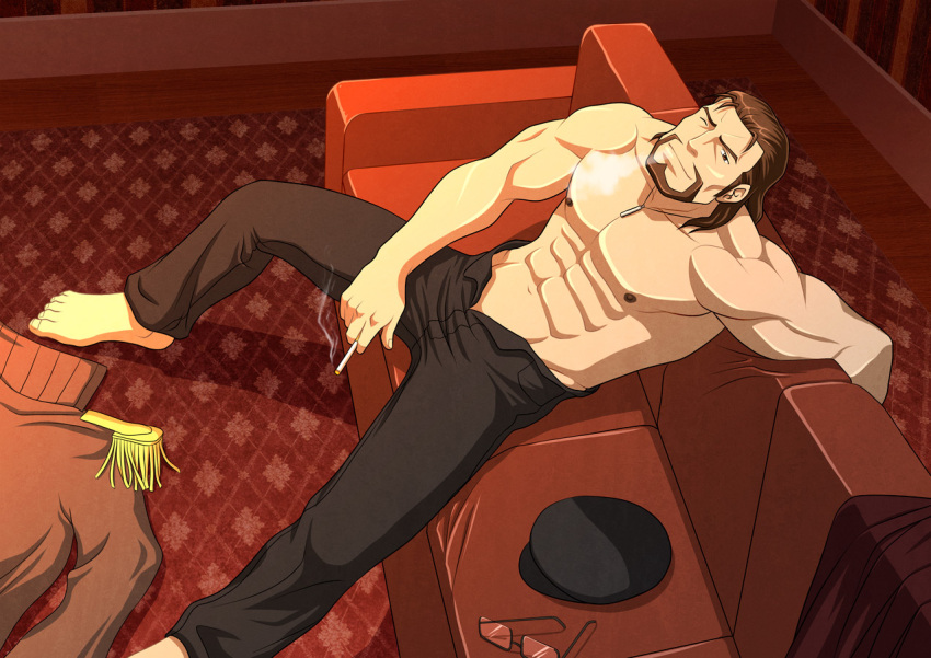 1boy abs bara beard brown_hair cigarette commentary_request couch epaulettes facial_hair glasses male_focus muscular muscular_male pants radi_jaeger senjou_no_valkyria_(series) senjou_no_valkyria_1 smoking solo topless_male unworn_eyewear zelo-lee