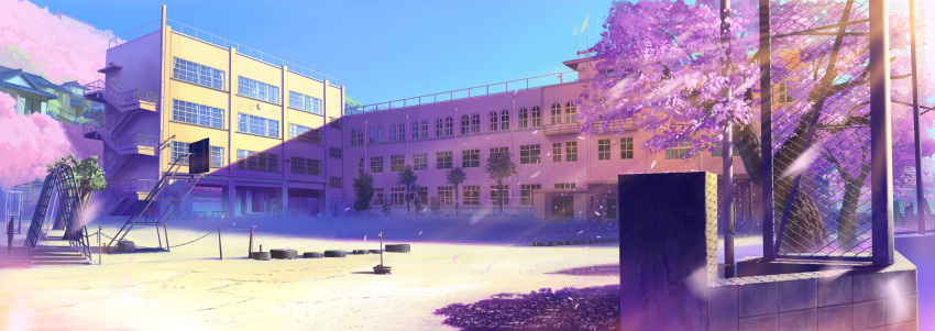 absurdres bad_id bad_pixiv_id blue_sky chain-link_fence cherry_blossoms copyright_request day fence highres mir_(bluendorange) no_humans onomichi_(city) outdoors petals photoshop_(medium) playground purple_theme real_world_location scenery school school_yard shadow sky tire