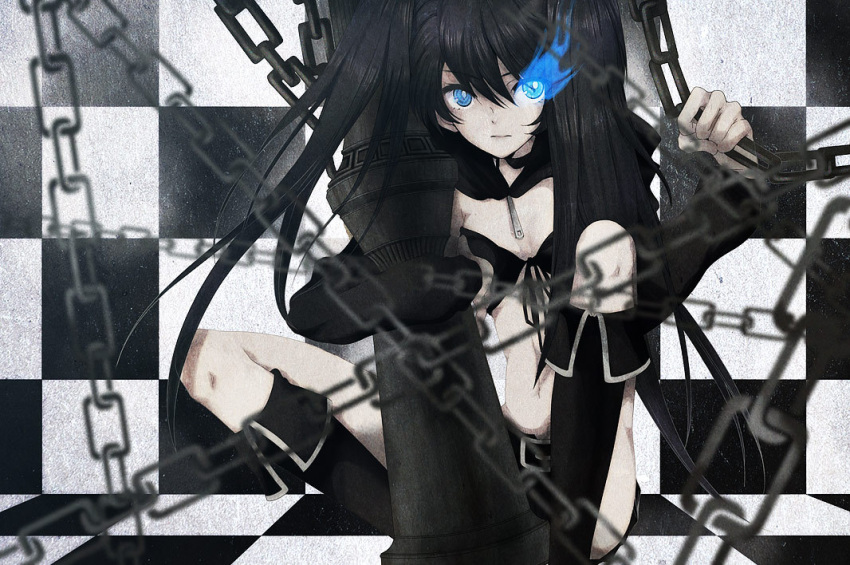 bad_id bad_pixiv_id bikini bikini_top_only black_bikini black_hair black_rock_shooter black_rock_shooter_(character) blue_eyes boots chains female flaming_eye gun long_hair moha navel pale_skin sitting solo swimsuit twintails weapon