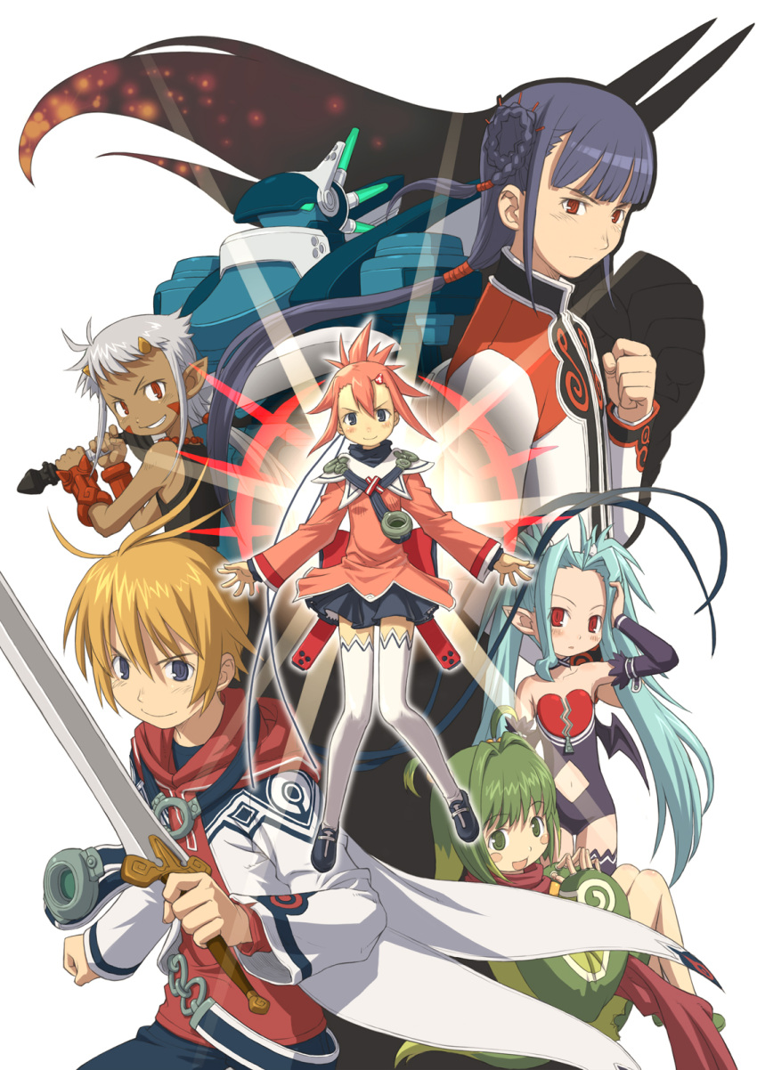 1other 2girls 3boys air_colthearts androgynous annotated arno dark_skin demon_girl dina edge_colthearts everyone green_hair highres horns leki_(summon_night) mecha multiple_boys multiple_girls official_art oni ootsuka_shin'ichirou photoshop_(medium) pointy_ears robot ryouga silver_hair summon_night summon_night_swordcraft_story_2 sword thighhighs weapon y-xe-ld